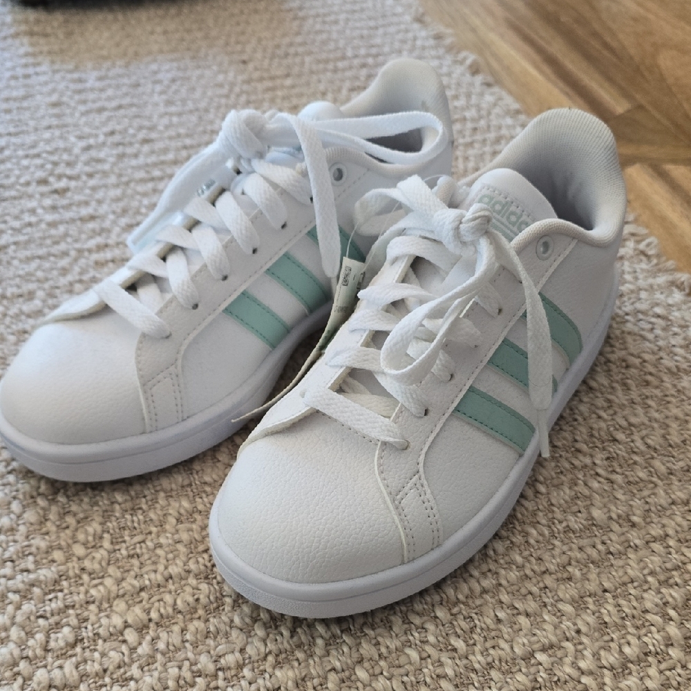Adidas White Sneakers with Mint Stripes